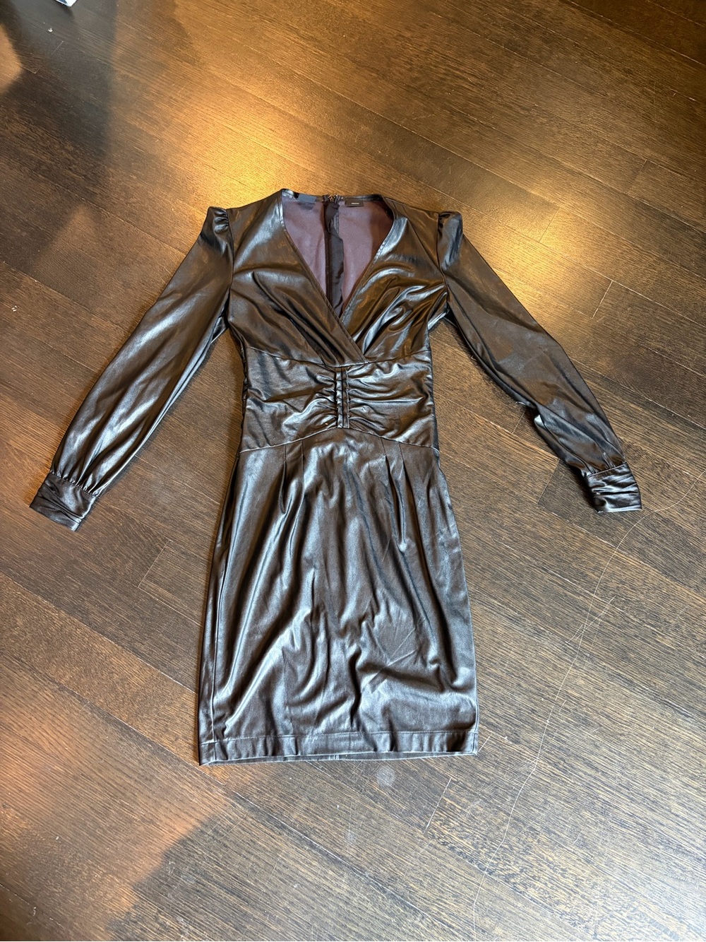 Black Faux Leather Long-Sleeve Ruched Wrap Dress